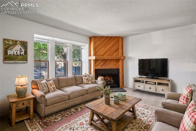 living room with a large fireplace and light hardwood / wood-style flooring