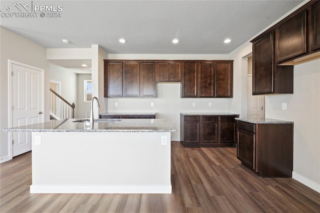 kitchen with light stone counters, sink, and an island with sink