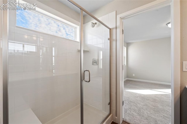 bathroom featuring a shower with shower door