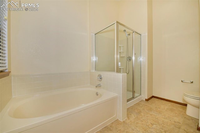 bathroom with independent shower and bath, toilet, and tile floors