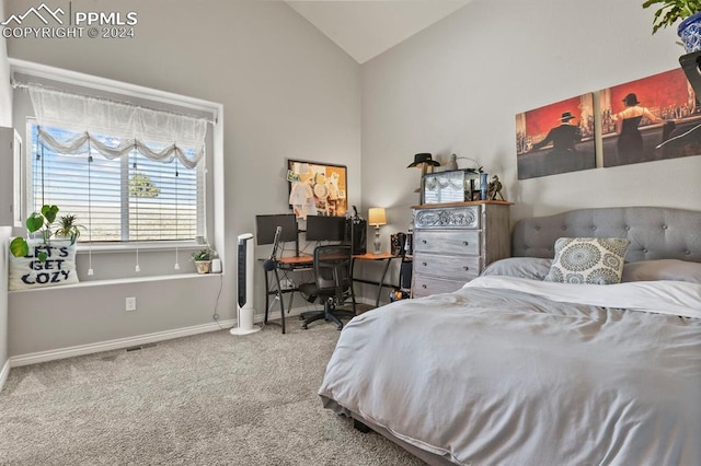 bedroom featuring carpet flooring and high vaulted ceiling