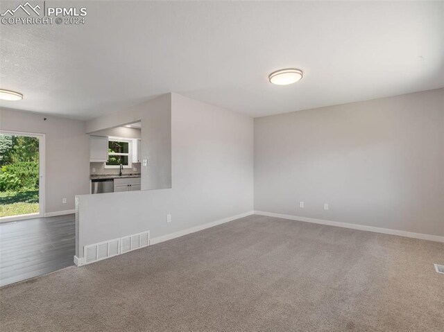 empty room with a healthy amount of sunlight, sink, and carpet