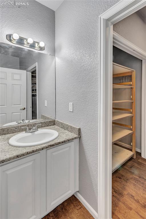 bathroom with hardwood / wood-style floors and vanity