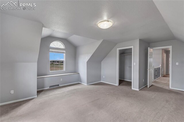 additional living space with a textured ceiling, light colored carpet, and vaulted ceiling