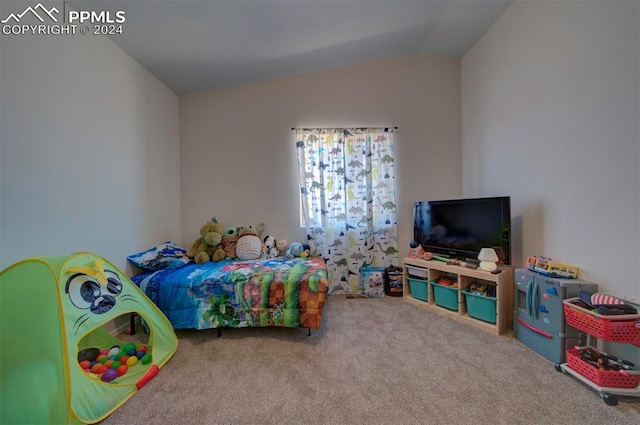 carpeted bedroom featuring lofted ceiling