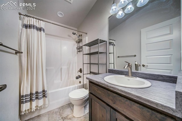 full bathroom featuring toilet, vanity, and shower / tub combo with curtain