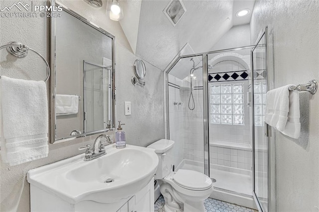 bathroom with toilet, vanity, vaulted ceiling, and walk in shower