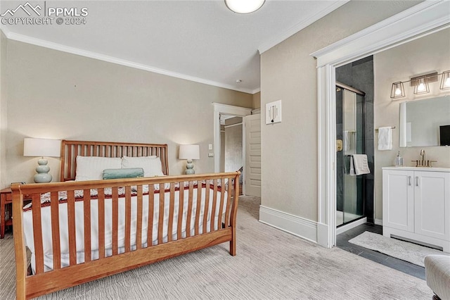 bedroom with light colored carpet, ornamental molding, and sink