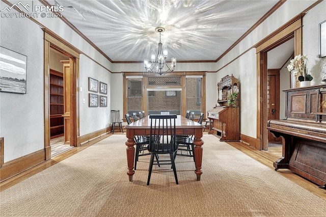 dining area with light carpet, a notable chandelier, and ornamental molding