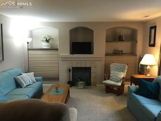 living room with built in features