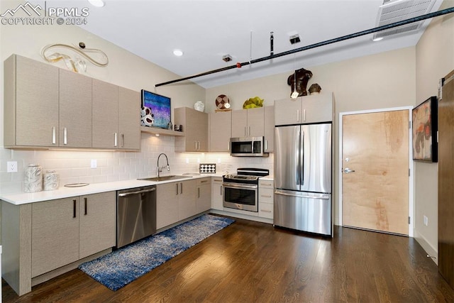 kitchen featuring decorative backsplash, stainless steel appliances, dark hardwood / wood-style floors, and sink