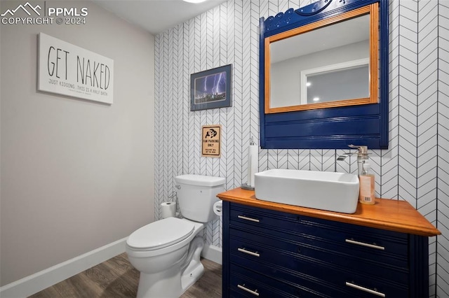 bathroom featuring vanity, toilet, and hardwood / wood-style floors