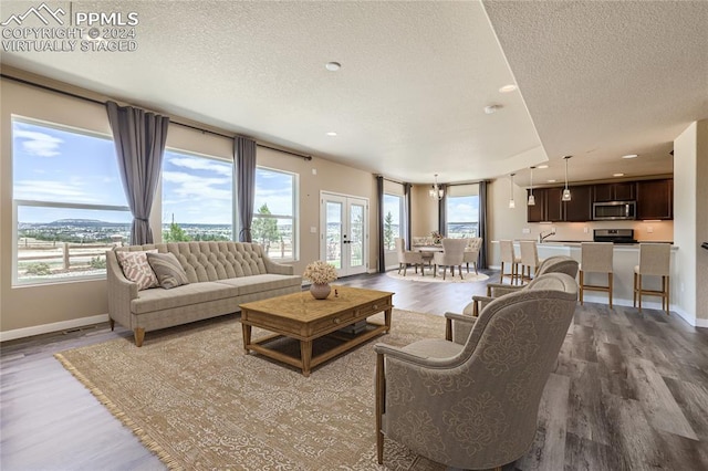 living room featuring a wealth of natural light, hardwood / wood-style floors, french doors, and a textured ceiling