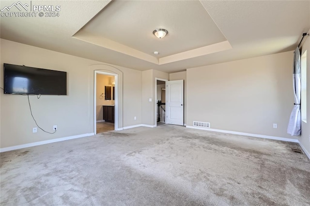 spare room featuring carpet flooring and a tray ceiling