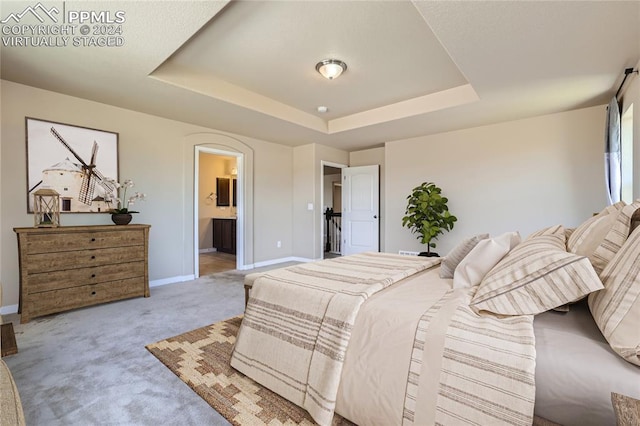 carpeted bedroom with ensuite bathroom and a raised ceiling