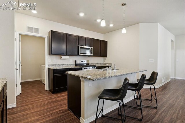 kitchen featuring dark wood-type flooring, a center island with sink, stainless steel appliances, and sink