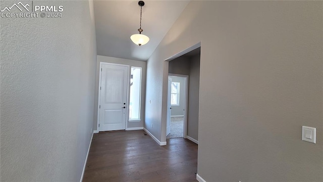 foyer entrance with dark wood-type flooring and lofted ceiling