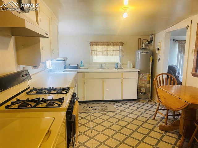 kitchen with sink, white cabinets, white range with gas stovetop, and gas water heater