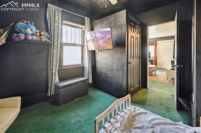 bedroom featuring carpet flooring and ceiling fan