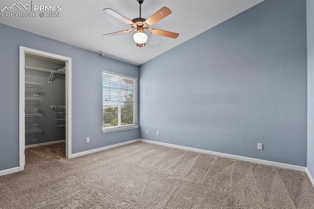 unfurnished bedroom with a walk in closet, a closet, ceiling fan, and carpet floors