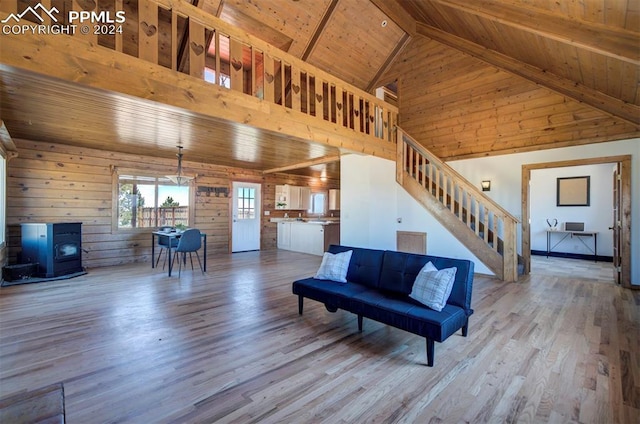 living room with high vaulted ceiling, wood-type flooring, a wood stove, and wood ceiling