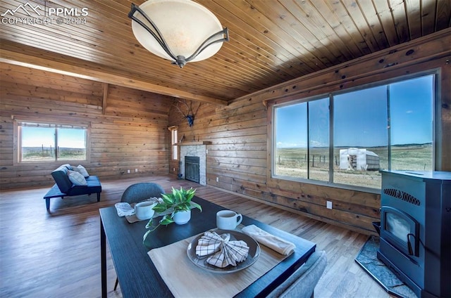 living room with wood-type flooring, a wood stove, wooden ceiling, and wood walls