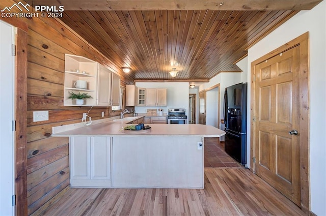 kitchen with stainless steel range with electric stovetop, wooden ceiling, wooden walls, black fridge with ice dispenser, and wood-type flooring