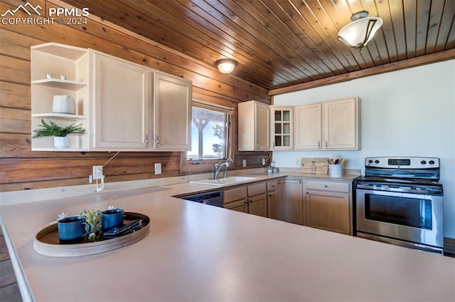 kitchen featuring wood walls, sink, appliances with stainless steel finishes, kitchen peninsula, and wood ceiling