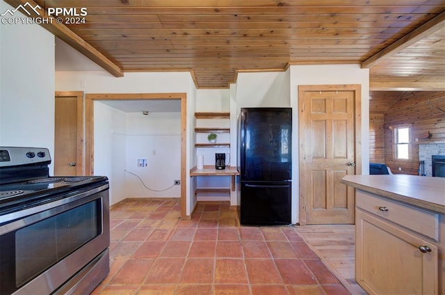 kitchen featuring black fridge, beamed ceiling, electric stove, light tile patterned flooring, and wood ceiling