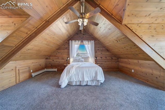 unfurnished bedroom featuring carpet flooring, a baseboard radiator, ceiling fan, and wooden walls