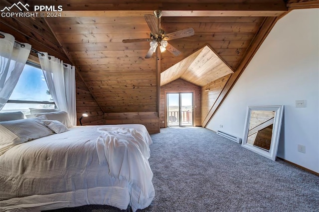 unfurnished bedroom with carpet floors, vaulted ceiling, ceiling fan, a baseboard radiator, and wood ceiling