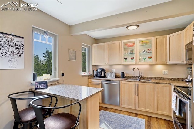 kitchen with light hardwood / wood-style floors, a wealth of natural light, light stone countertops, and stainless steel appliances