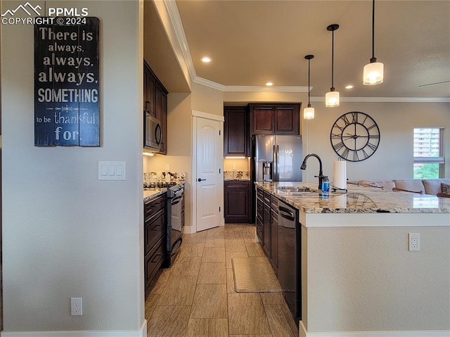 kitchen featuring sink, gas range, ornamental molding, dishwasher, and pendant lighting