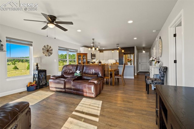 living room featuring ceiling fan and dark hardwood / wood-style floors