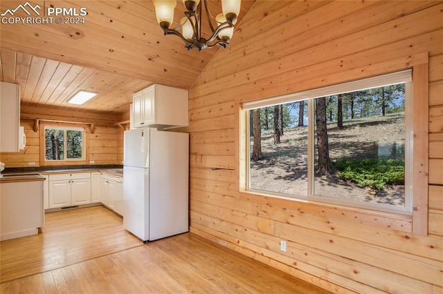 kitchen with white cabinetry, white appliances, light wood-type flooring, wood ceiling, and vaulted ceiling