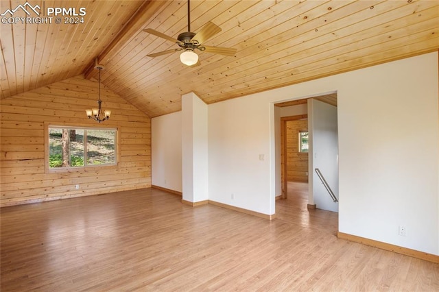 unfurnished room featuring vaulted ceiling with beams, wooden walls, light hardwood / wood-style flooring, and wood ceiling