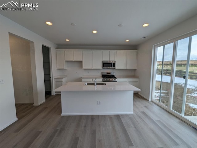 kitchen featuring white cabinets, appliances with stainless steel finishes, a kitchen island with sink, and sink