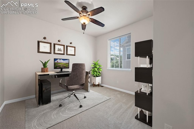 office with ceiling fan and light colored carpet