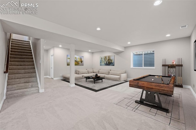 playroom with light colored carpet and billiards