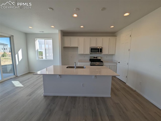 kitchen with an island with sink, appliances with stainless steel finishes, sink, and white cabinets