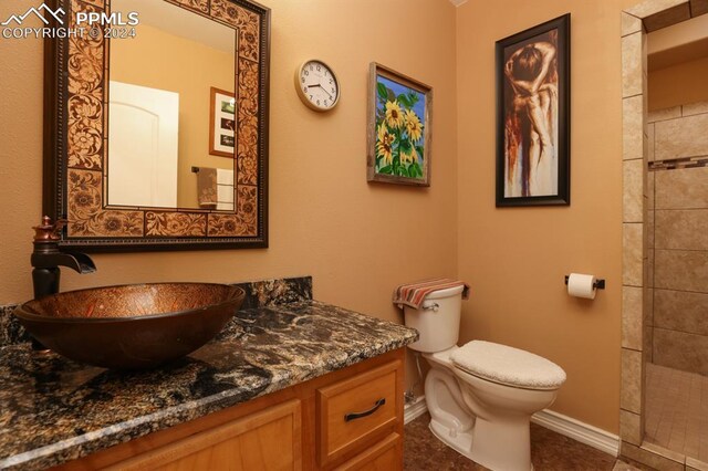 bathroom with vanity, tiled shower, and toilet