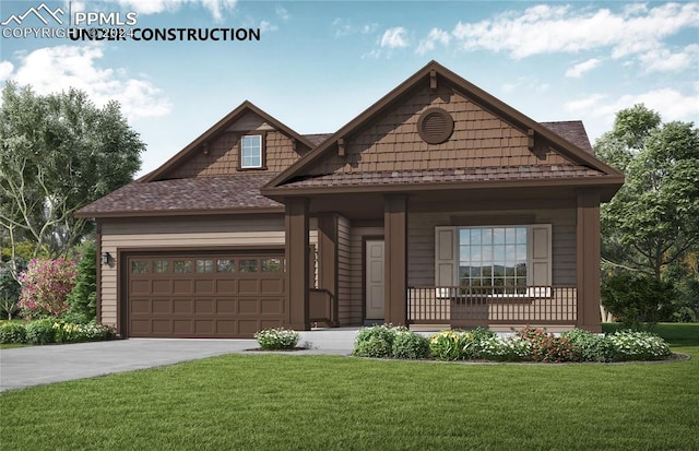 view of front facade featuring a porch, a garage, and a front lawn