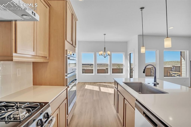 kitchen with a sink, light wood-style floors, appliances with stainless steel finishes, light countertops, and recessed lighting