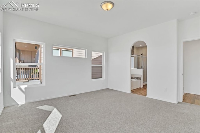 carpeted spare room with arched walkways and baseboards