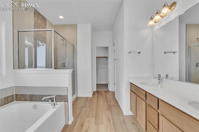 bathroom with a shower stall, a garden tub, wood finished floors, a spacious closet, and double vanity