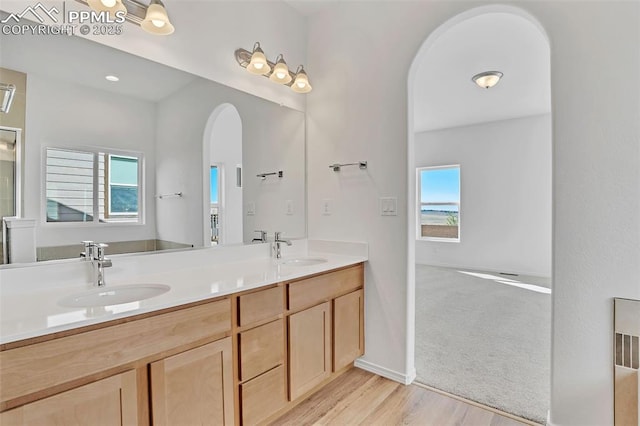 full bath with wood finished floors, healthy amount of natural light, double vanity, and baseboards