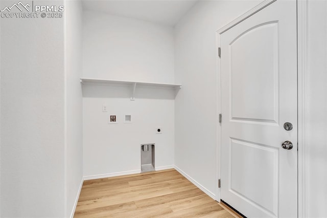 laundry room featuring washer hookup, light wood-type flooring, hookup for an electric dryer, and baseboards