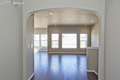 interior space featuring plenty of natural light, dark wood-type flooring, and a textured ceiling