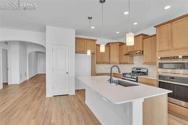 kitchen featuring stainless steel appliances, a sink, arched walkways, an island with sink, and light wood-type flooring