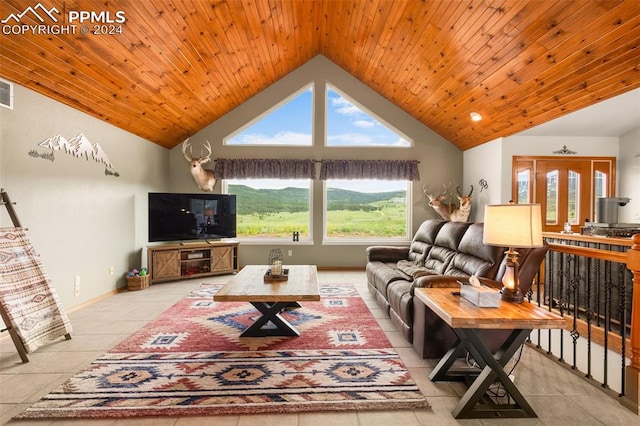 living room featuring high vaulted ceiling, wood ceiling, and light tile patterned flooring